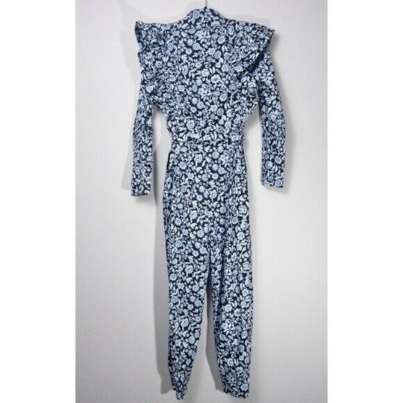 Zara Floral Poplin Ruffle Jumpsuit XS Blue Belted SS20 Blogger Fav TRF - Picture 11 of 15